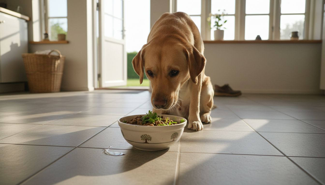 En labrador undersøger nysgerrigt sin mad, der er krydret med friske urter.