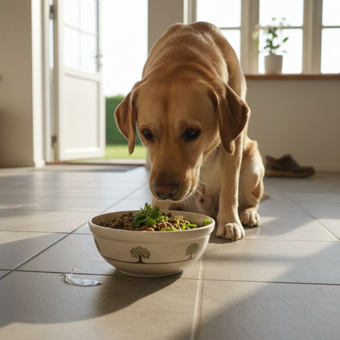 En labrador undersøger nysgerrigt sin mad, der er krydret med friske urter.