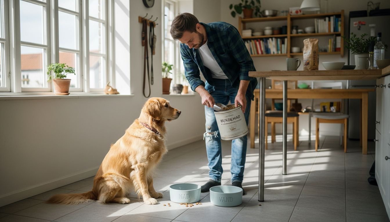 Hund og ejer hygger sig sammen i køkkenet, mens der bliver gjort klar til madtid.