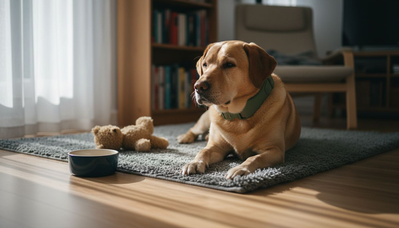 En hund ligger og slapper af i stuen med sit komfortable halsbånd på.