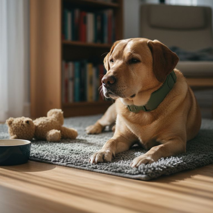 En hund ligger og slapper af i stuen med sit komfortable halsbånd på.