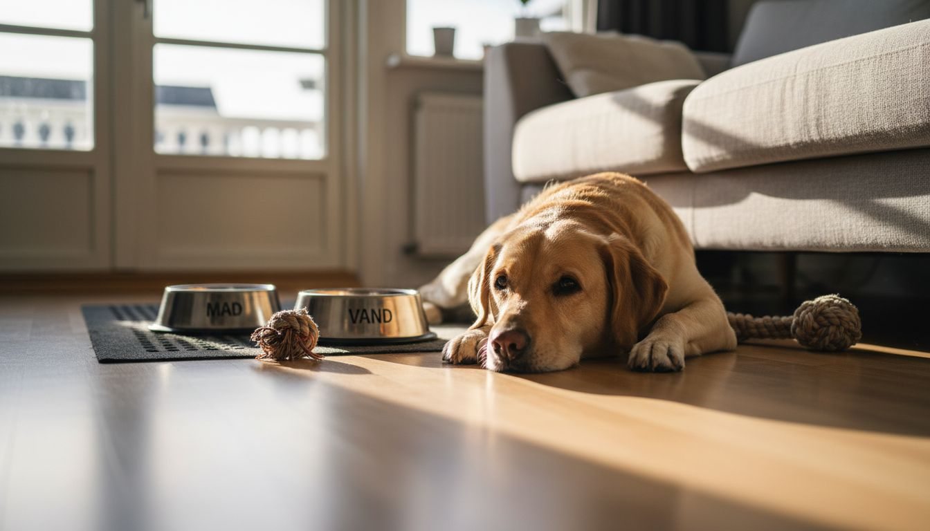 En livsglad labrador nyder solen derhjemme