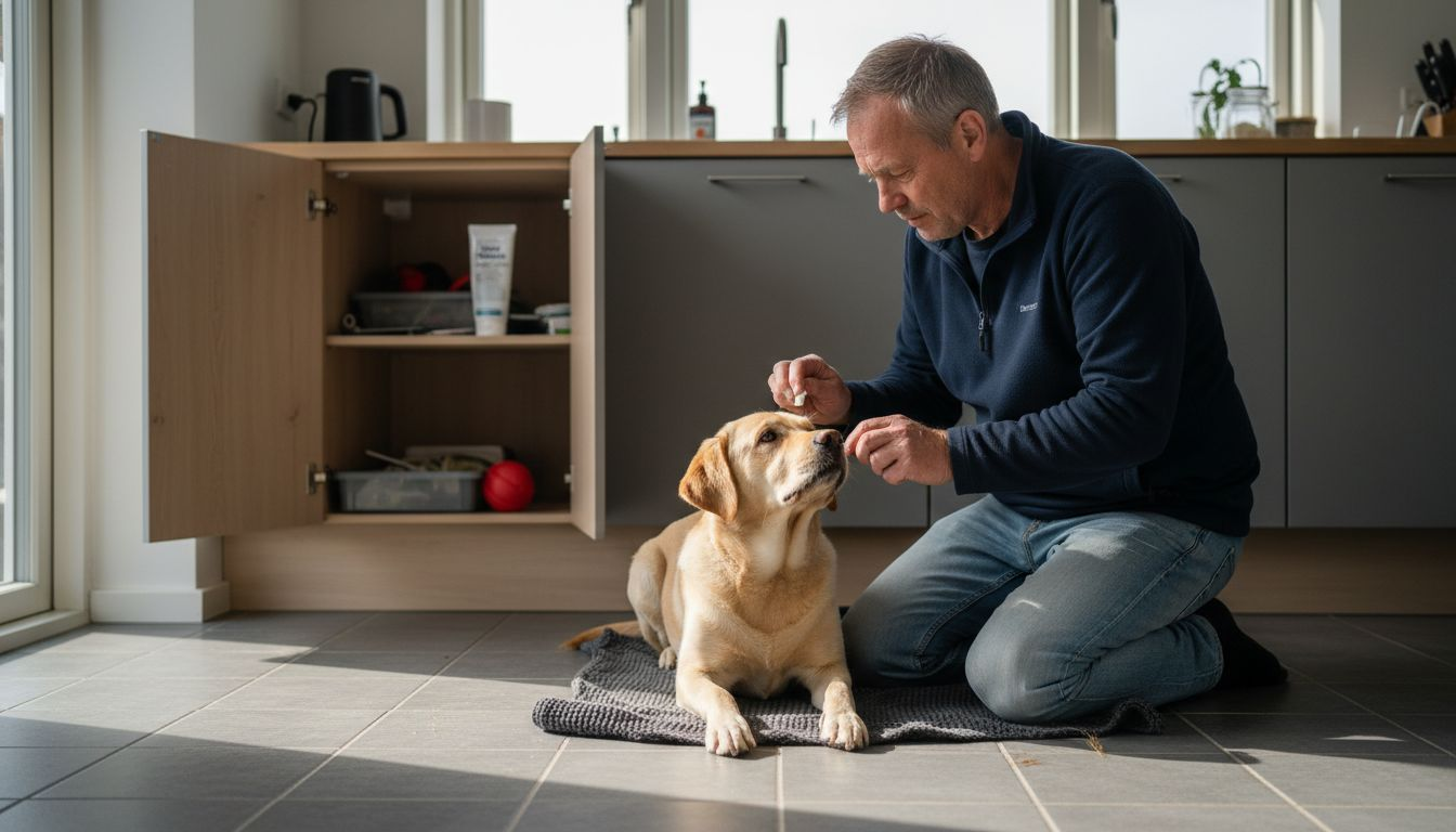 Ejeren hjælper sin labrador med tandbørstningen direkte på køkkengulvet.