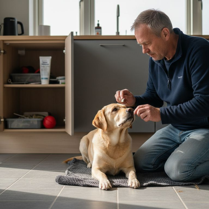 Ejeren hjælper sin labrador med tandbørstningen direkte på køkkengulvet.