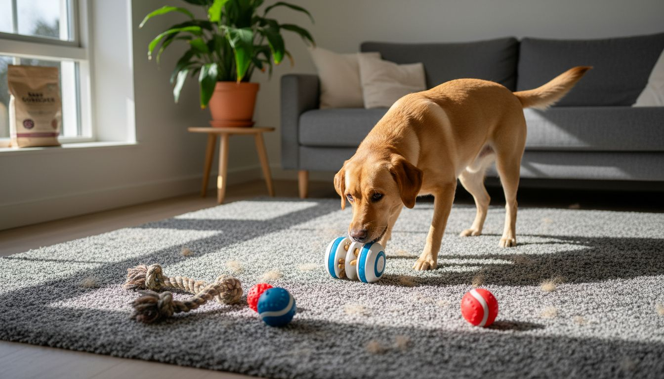 Vores labrador hygger sig med sit aktivitetslegetøj midt i stuen.