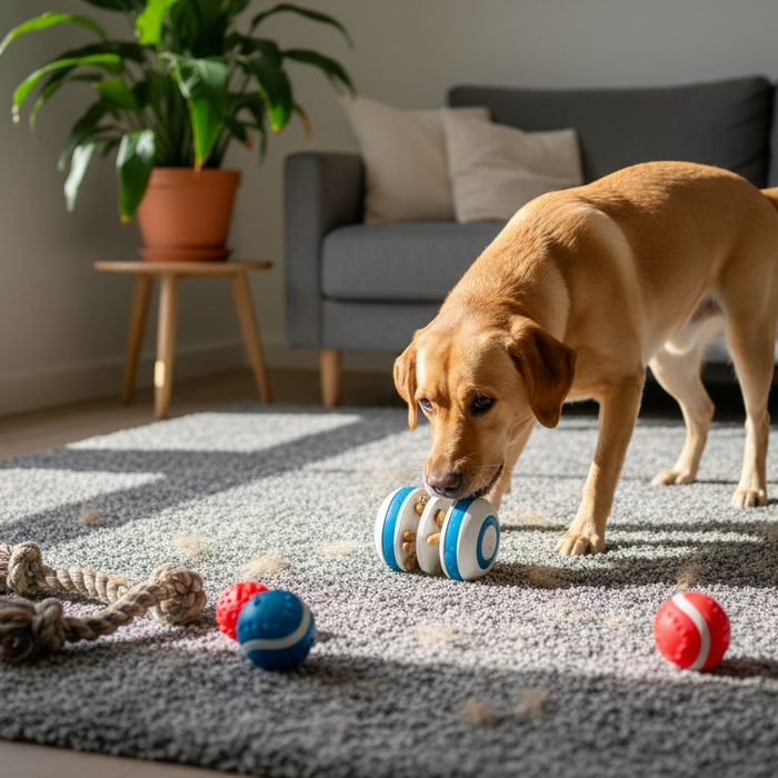 Vores labrador hygger sig med sit aktivitetslegetøj midt i stuen.
