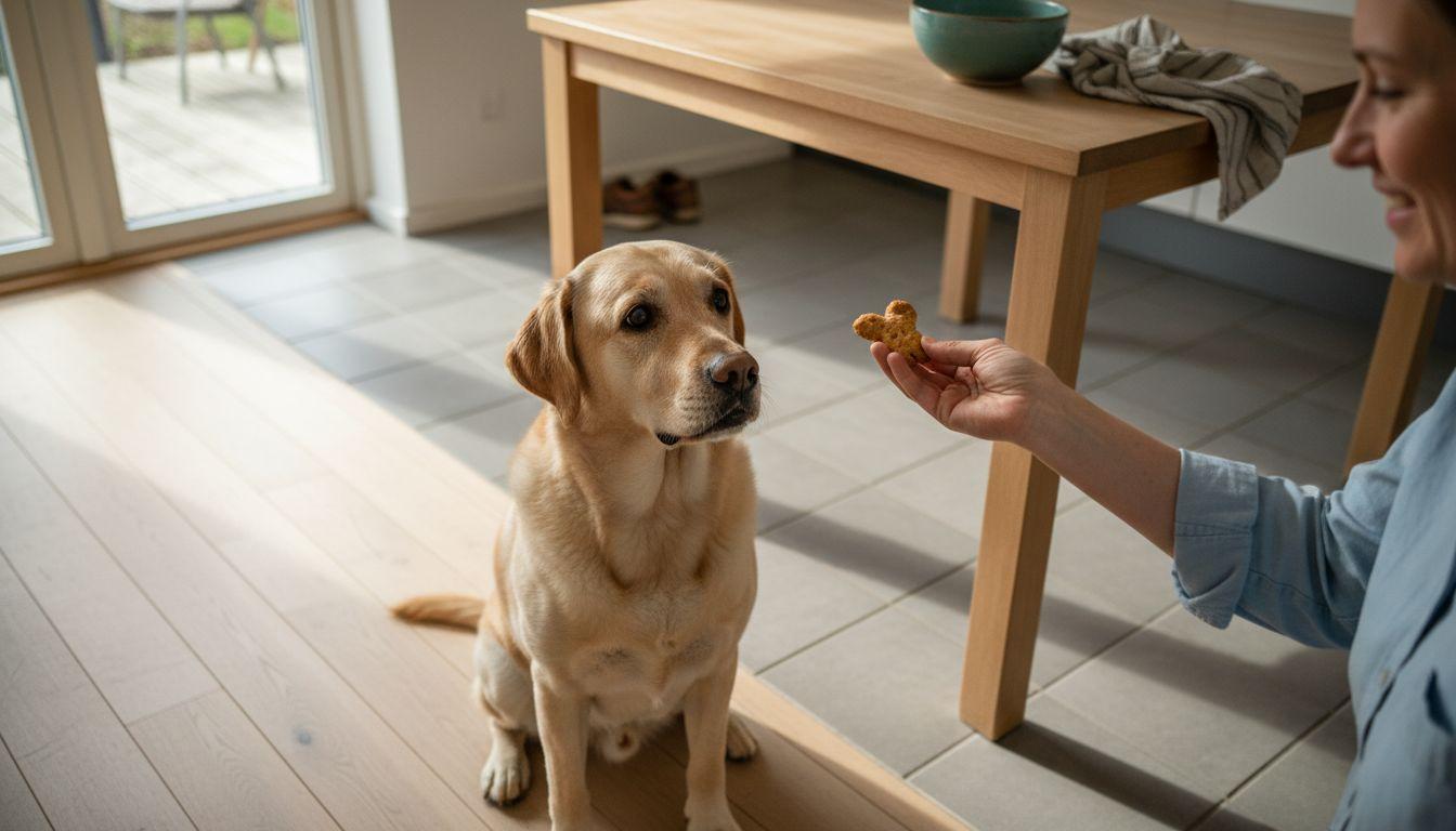 Labradoren bliver forkælet med en sund godbid i køkkenet