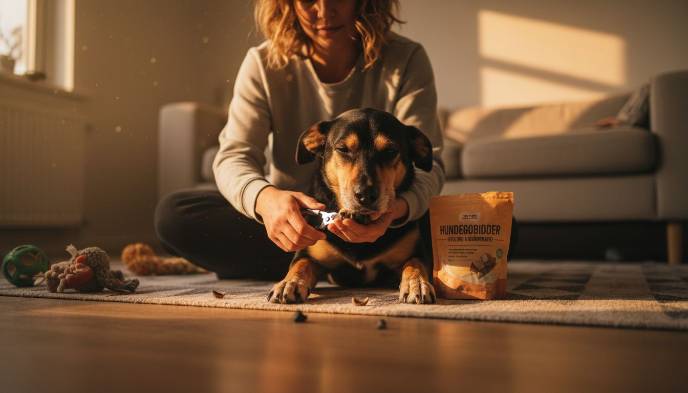 En hundeejer giver sig i kast med at klippe sin hunds kløer derhjemme.