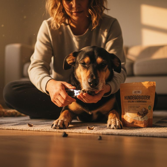 En hundeejer giver sig i kast med at klippe sin hunds kløer derhjemme.