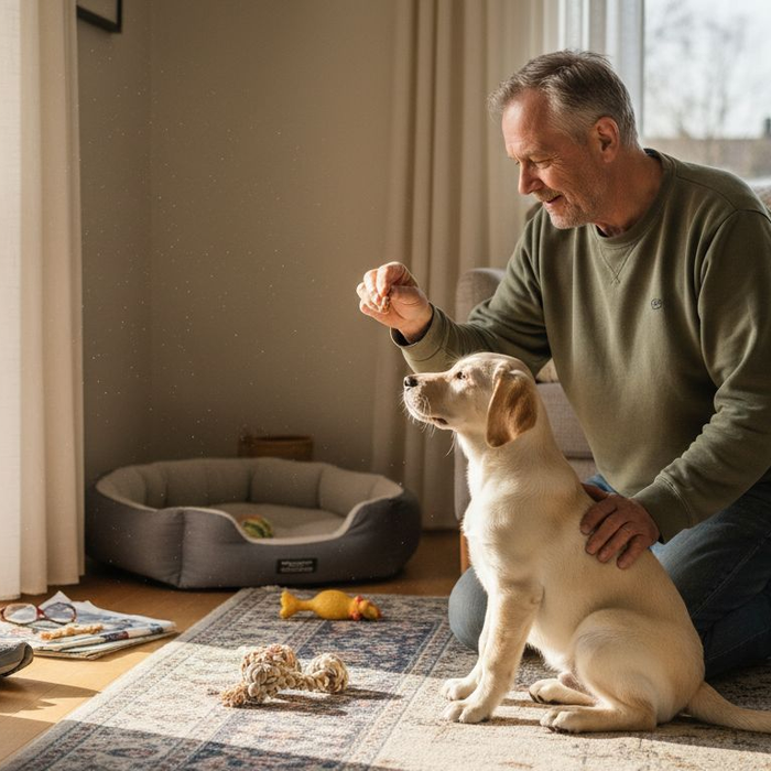 En hundeejer øver lydighed med sin hund i den solfyldte stue derhjemme.