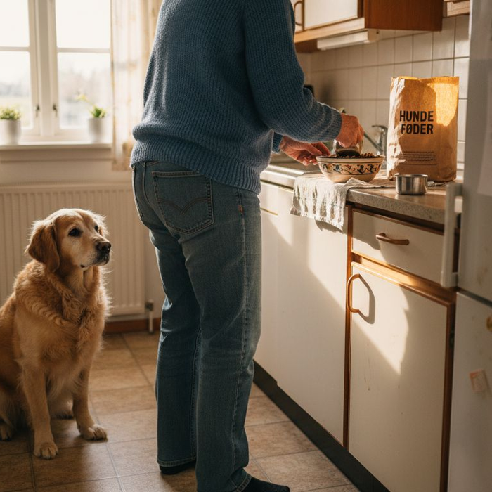 En kvinde står i sit hyggelige køkken og gør klar til at lave mad til hunden.