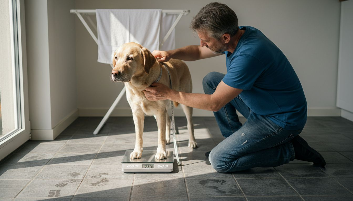 Ejer vejer sin labrador ved selv at stille sig på badevægten med hunden