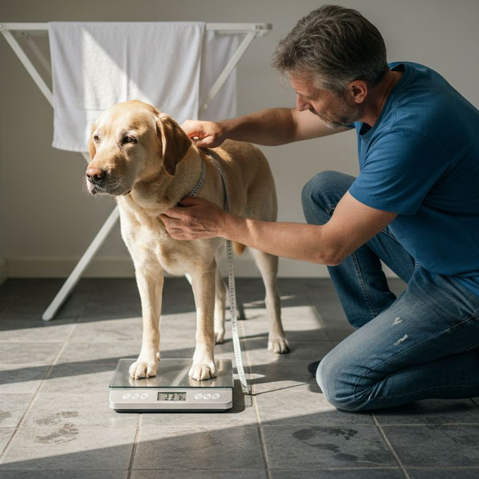 Ejer vejer sin labrador ved selv at stille sig på badevægten med hunden