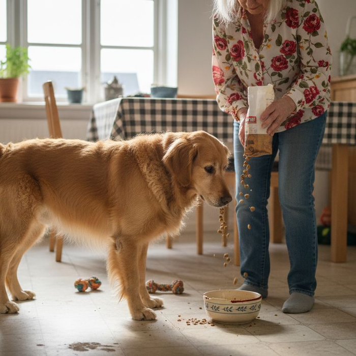 Hund og ejer hygger sig sammen i køkkenet, mens der bliver serveret mad.