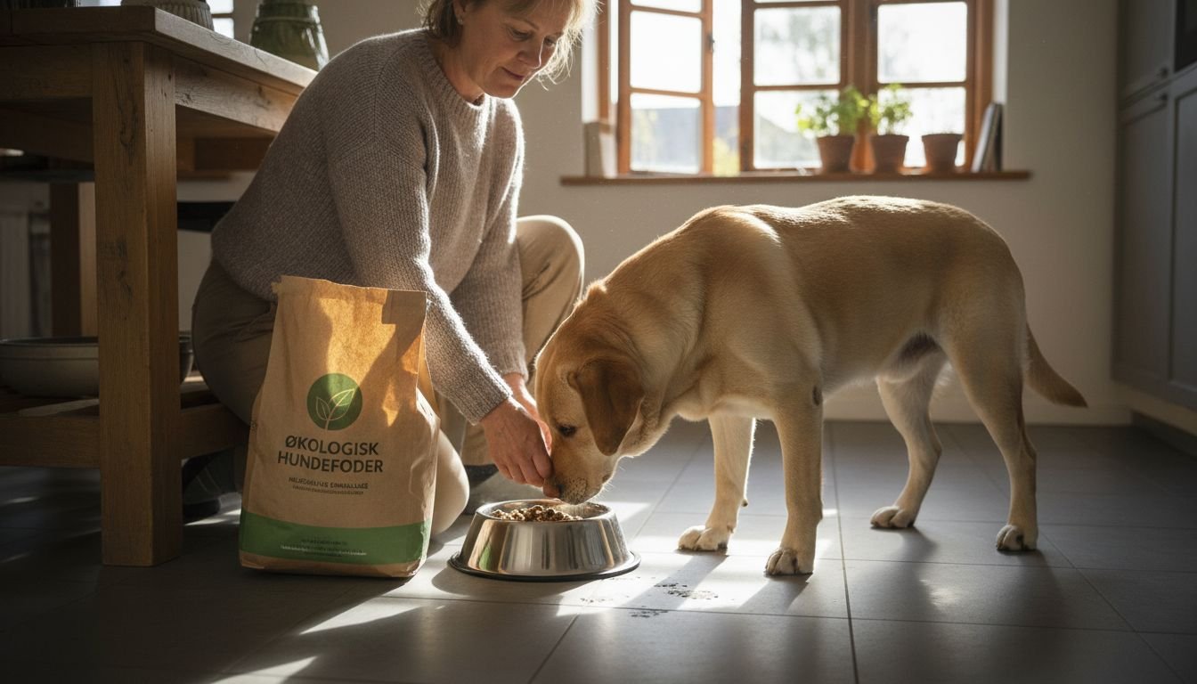 En person giver sin hund økologisk foder