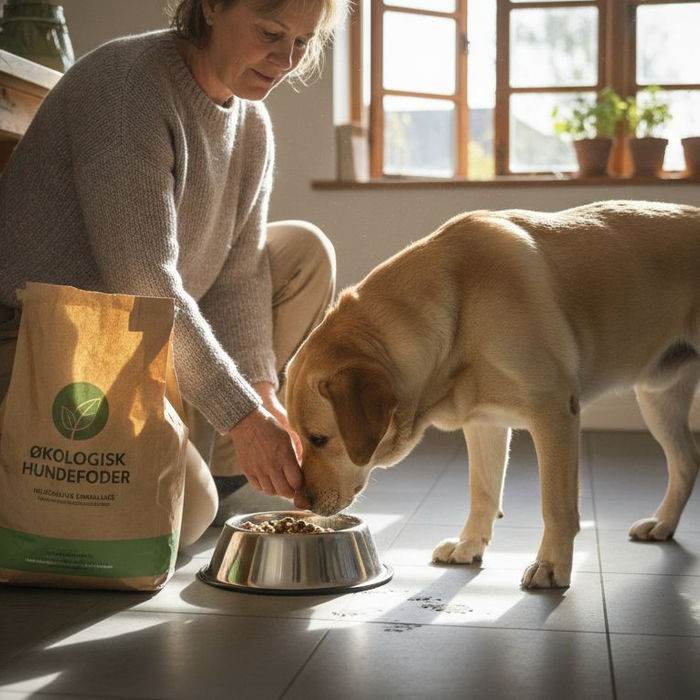 En person giver sin hund økologisk foder