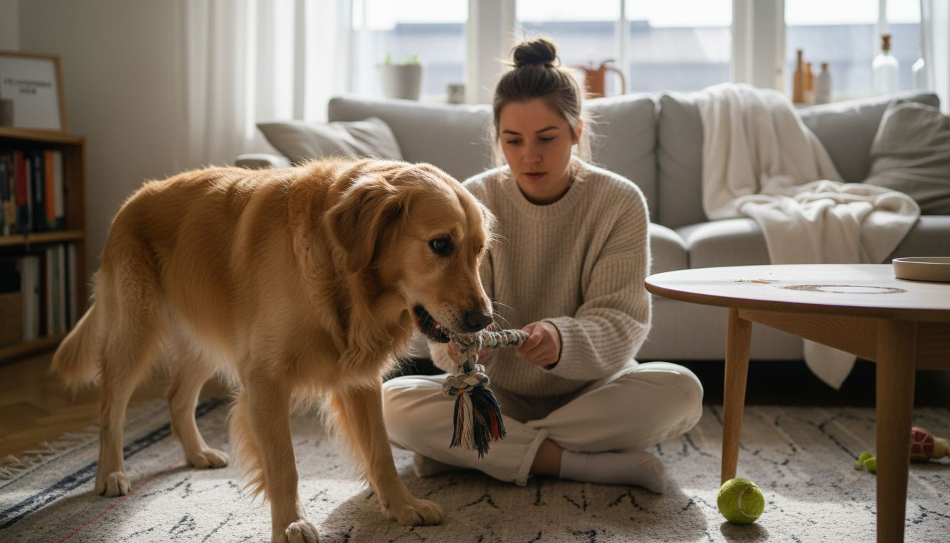 En glad hund leger med sit reb-legetøj inde i stuen.