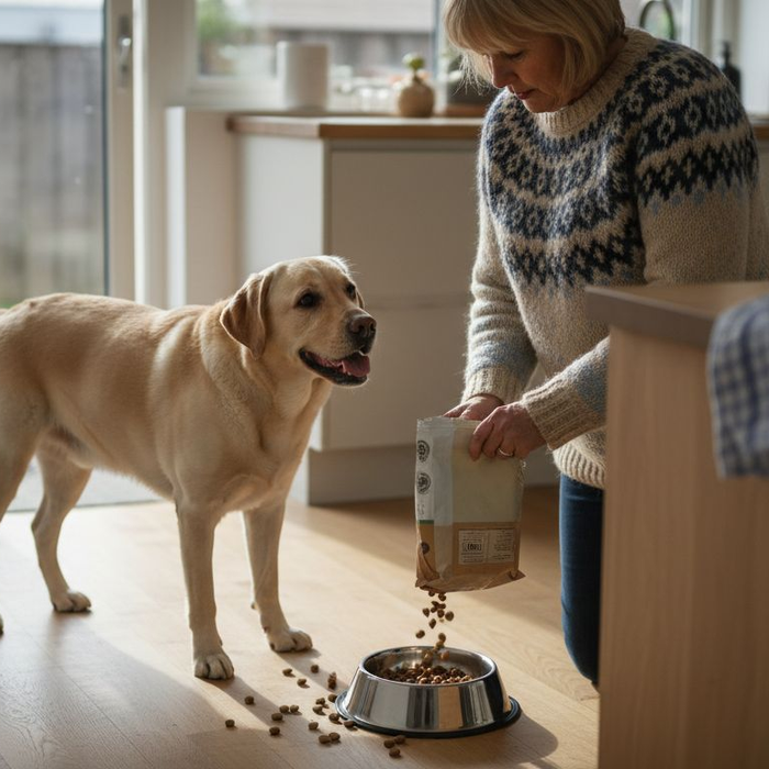 En kvinde giver sin labrador mad i køkkenet.