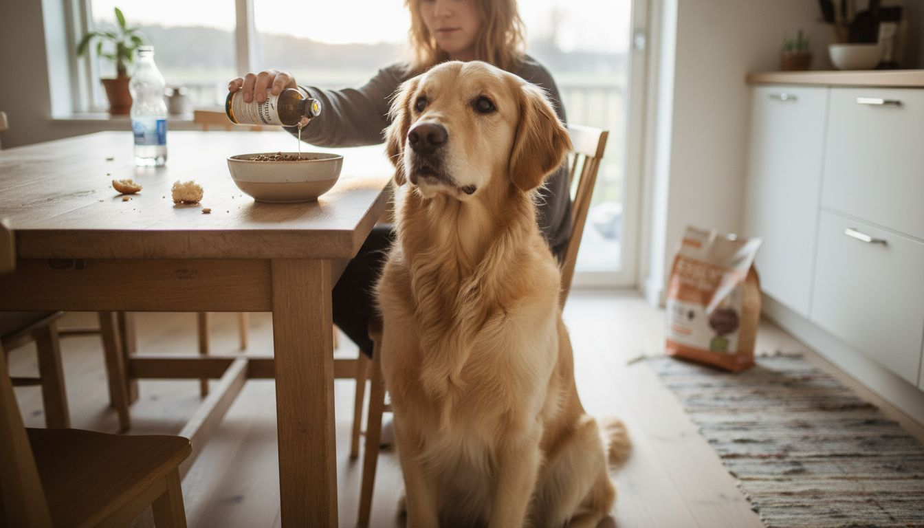Hunden får lakseolie sammen med sin mad i køkkenet.