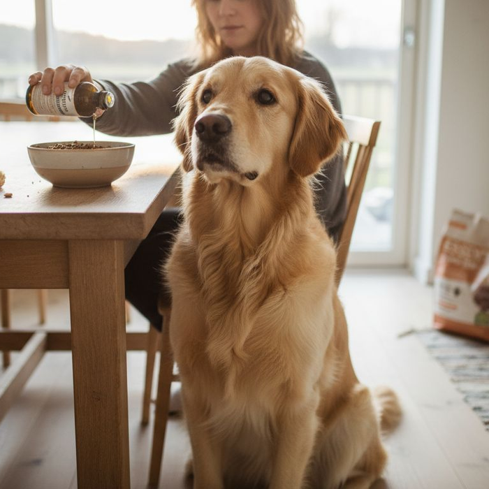 Hunden får lakseolie sammen med sin mad i køkkenet.