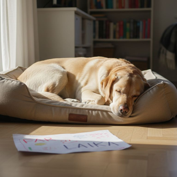 Labradoren ligger og slumrer trygt i sin hundekurv.