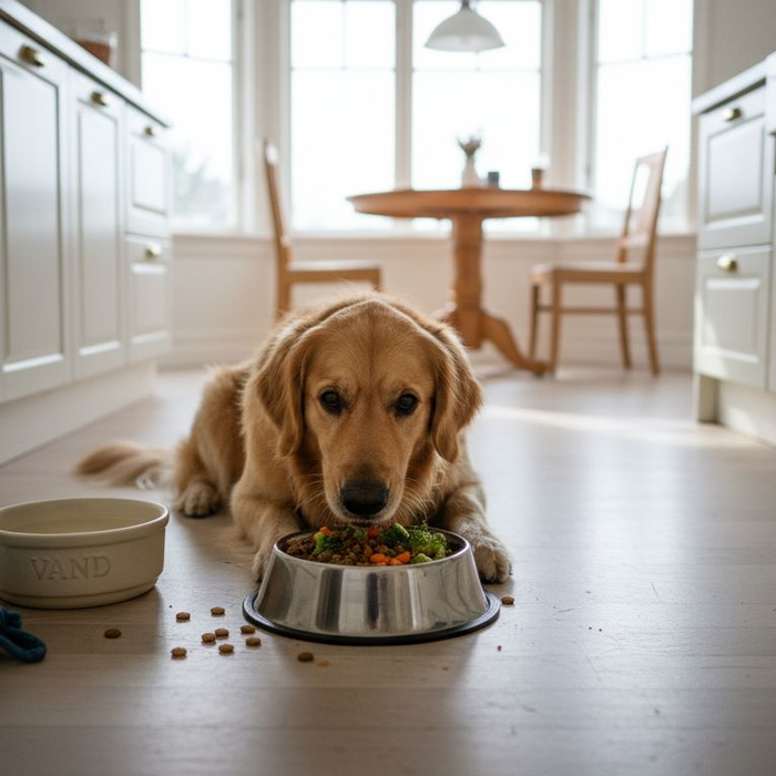 Hund nyder et sundt måltid med fiberrigt tørfoder