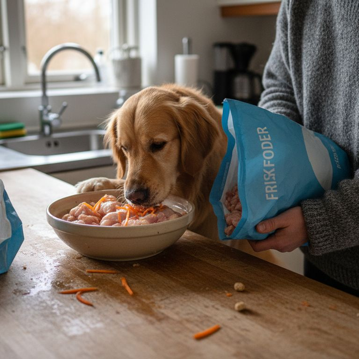 Hunden undersøger nysgerrigt de friske ingredienser i skålen