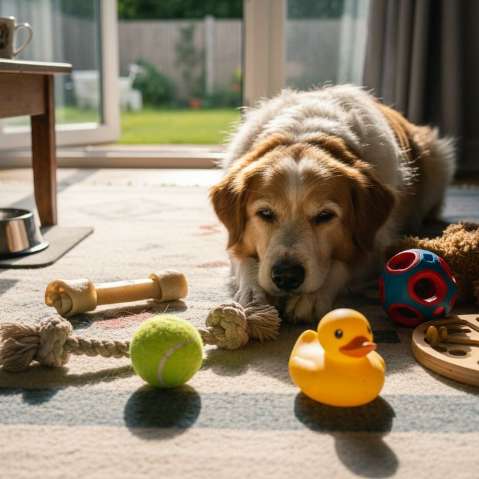 Hund, der ligger midt i et udvalg af syv forskellige hundelegetøj