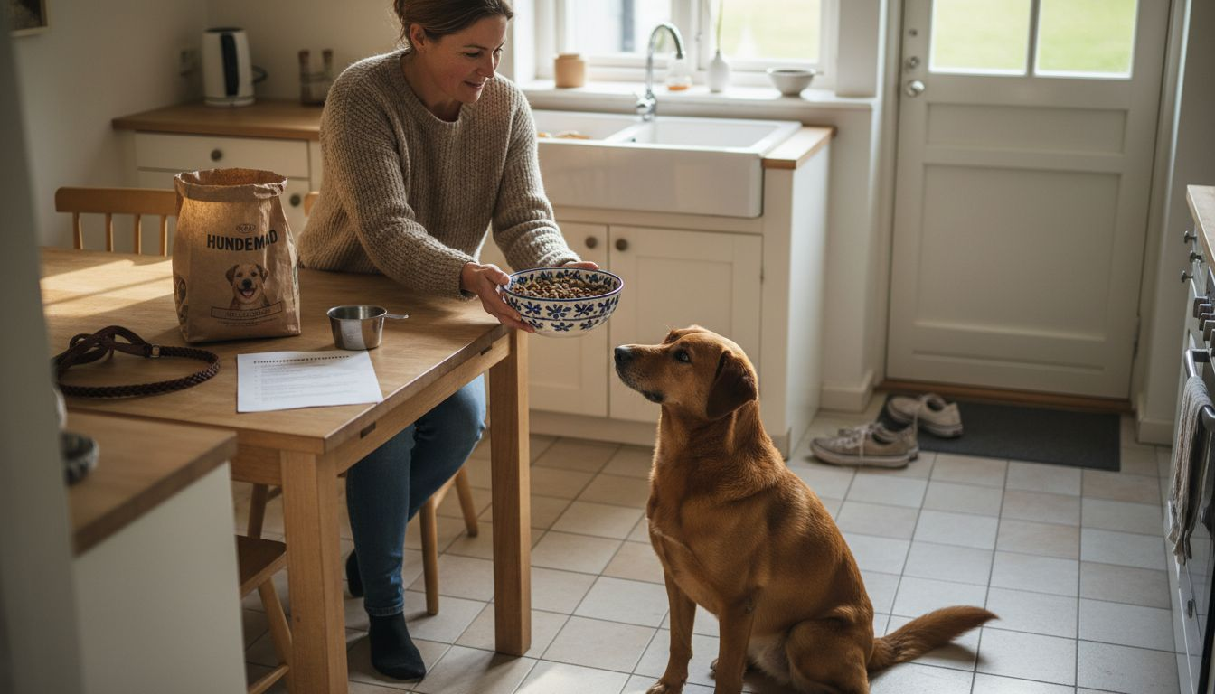En kvinde giver sin opmærksomme hund lidt mad i køkkenet derhjemme.