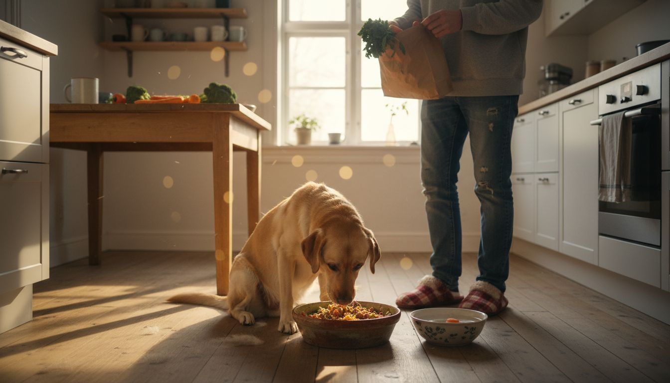 Hund nyder hjemmelavet, holistisk hundemad i køkkenet