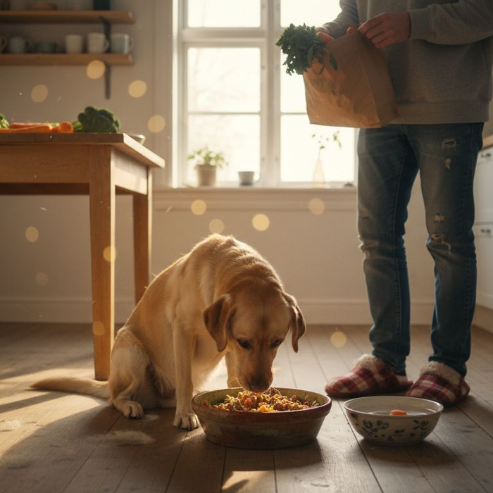 Hund nyder hjemmelavet, holistisk hundemad i køkkenet
