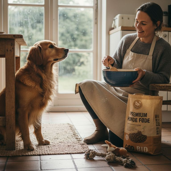 En hund sidder tålmodigt i køkkenet og venter på sin sunde aftensmad.