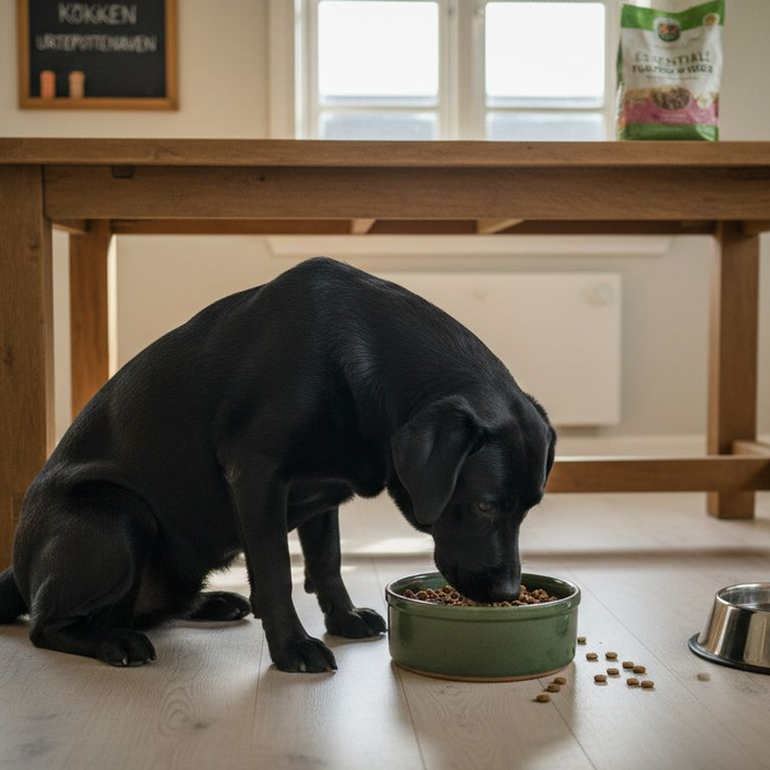 En labrador nyder sin varierede hundemad i køkkenet.