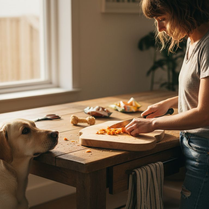 Labradoren sidder spændt og venter på, at der bliver serveret en hjemmelavet godbid.