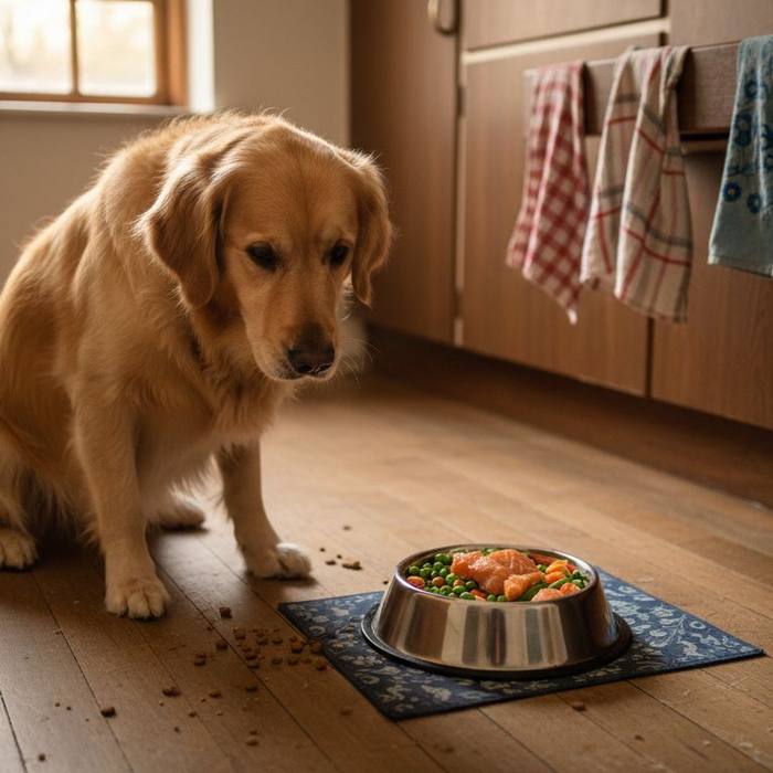En glad golden retriever står ved sin madskål og venter spændt på frisk hundemad.