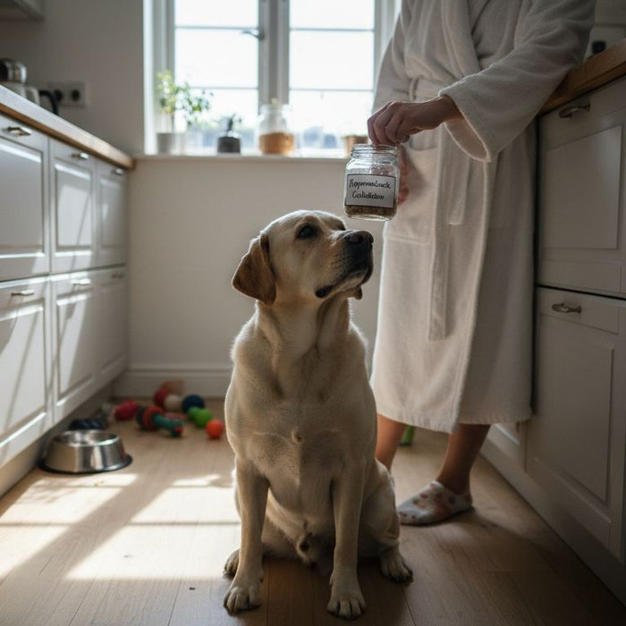 Labradoren bliver forkælet med hjemmelavede godbidder i køkkenet