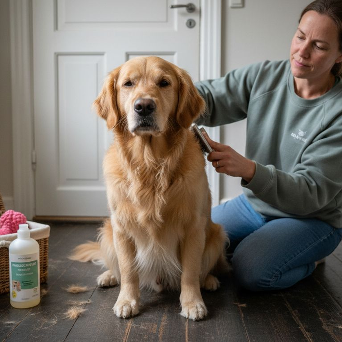 En kvinde står og børster sin hund i det varme og hjemlige bryggers.