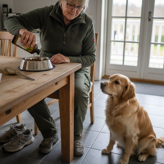 En hundeejer tilsætter olie til hundens mad