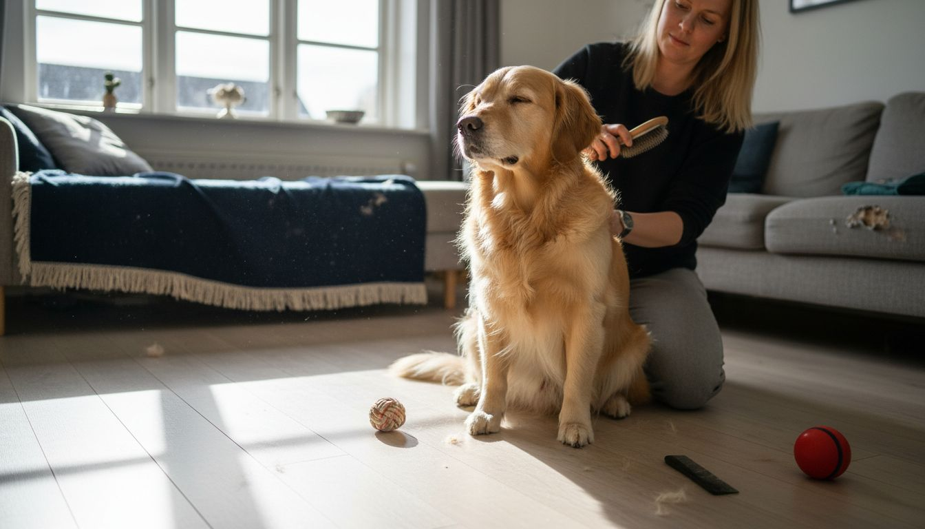 En hund bliver nusset og børstet i en varm og hyggelig stue.