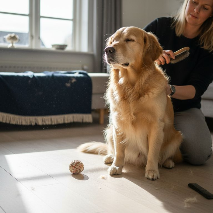 En hund bliver nusset og børstet i en varm og hyggelig stue.