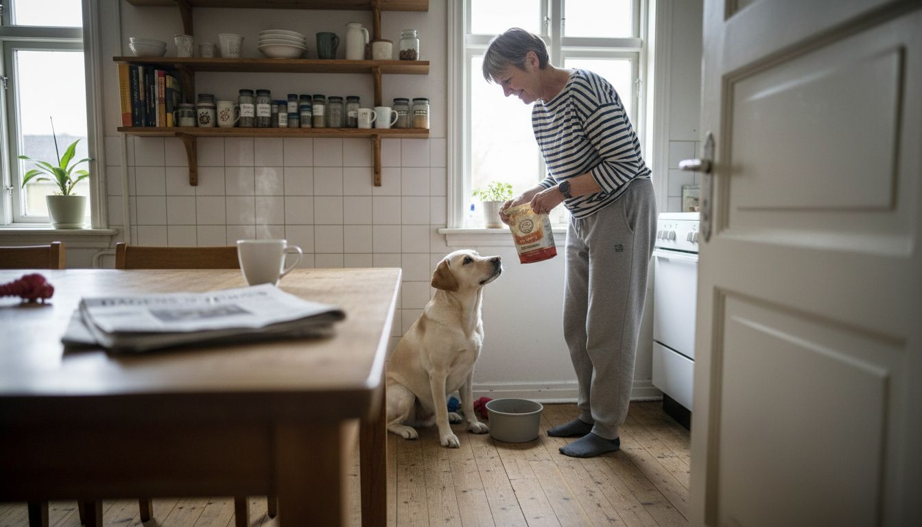 En hundeejer giver sin steriliserede hund mad derhjemme