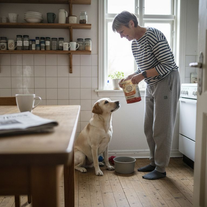 En hundeejer giver sin steriliserede hund mad derhjemme