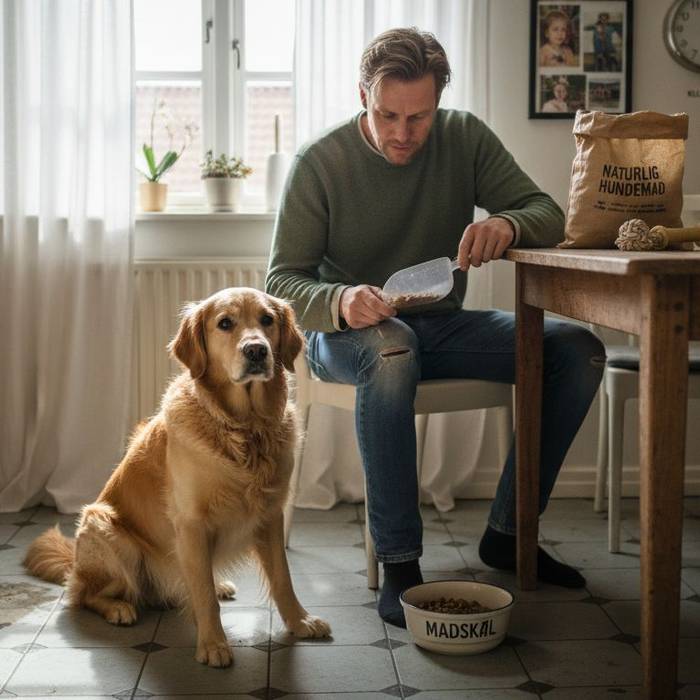 Hund og ejer i gang med at lave et sundt måltid til hunden