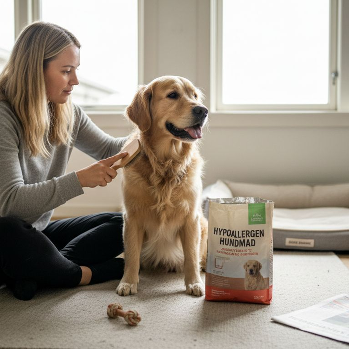 En kvinde plejer sin hund med allergivenlige produkter