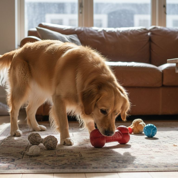En glad golden retriever hygger sig med sit robuste legetøj.