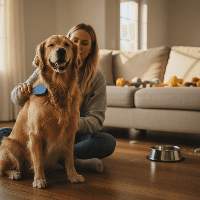 En kvinde sidder og børster sin hund i en lys og hyggelig stue.