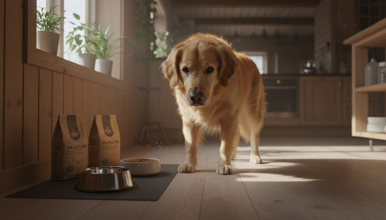 En golden retriever stikker næsen ned i tørfoderet og undersøger det nysgerrigt.