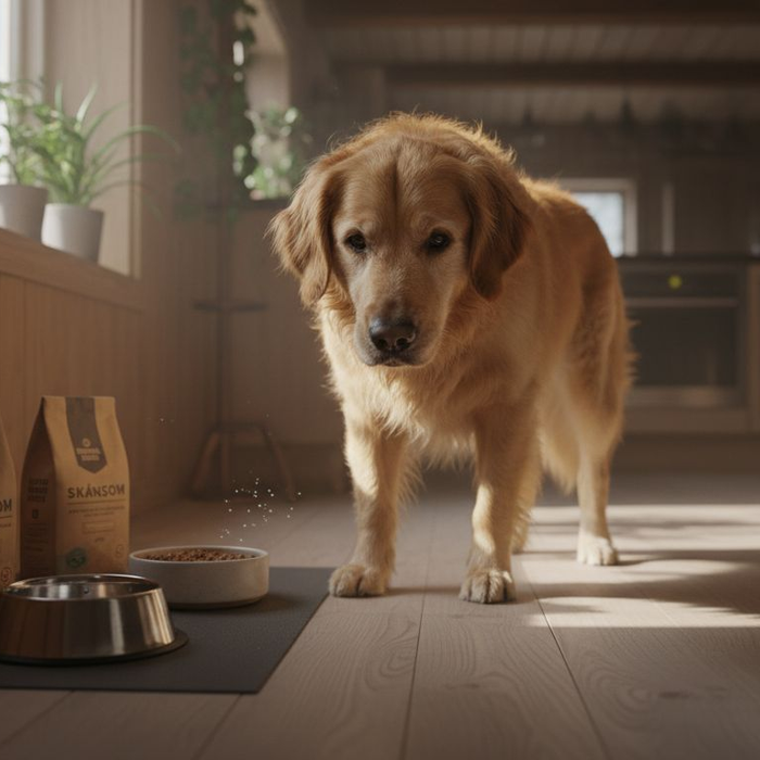 En golden retriever stikker næsen ned i tørfoderet og undersøger det nysgerrigt.