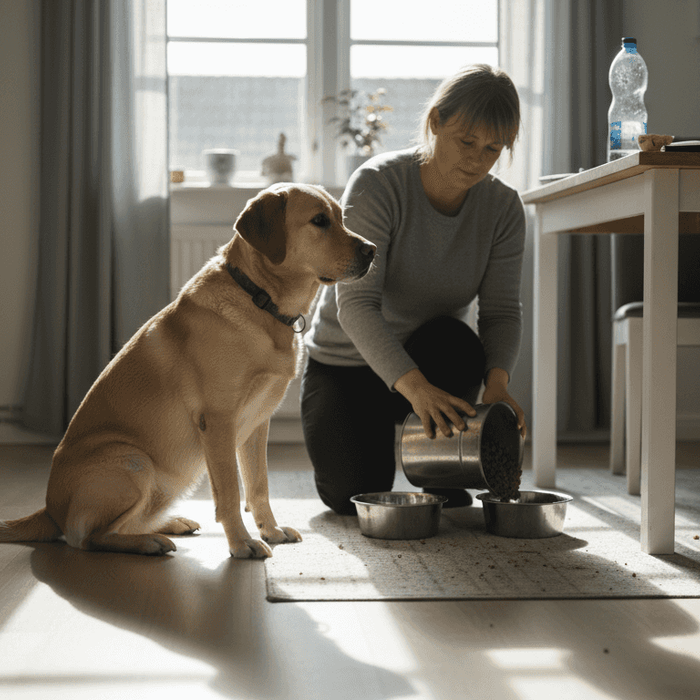 Ejeren står i køkkenet og giver hunden mad.