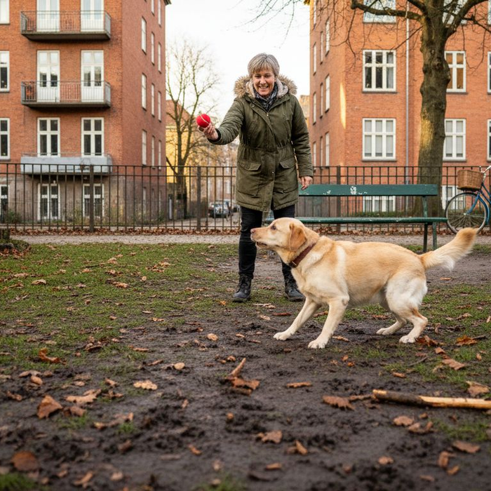 En kvinde leger med sin hund og kaster bold i en bypark.